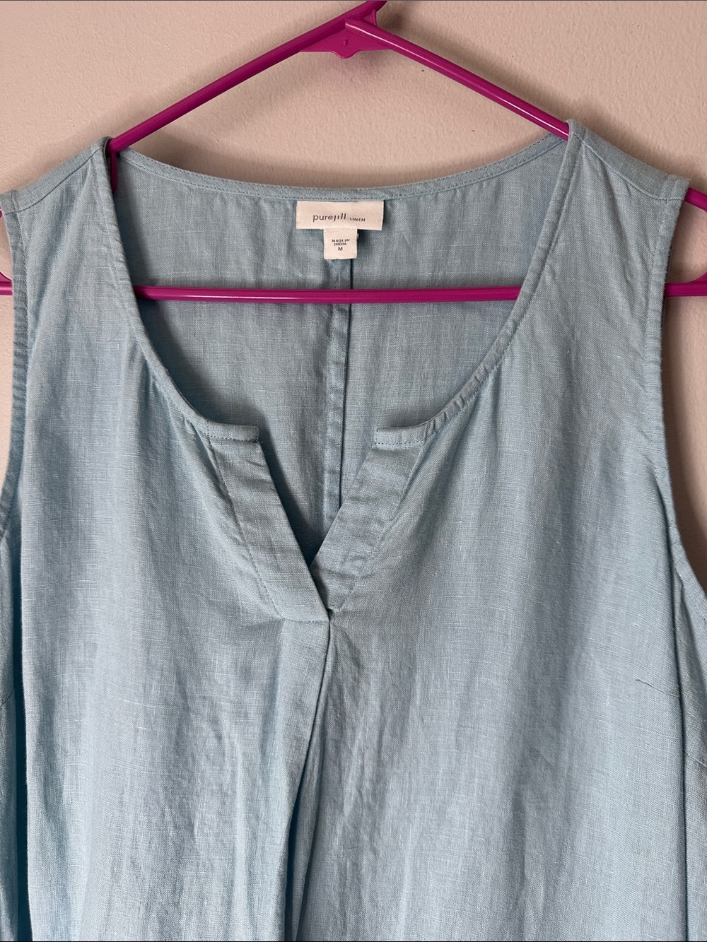 J Jill Pure Linen Blue Embroidered Maxi Dress Size Medium Sleeveless Split Neck - Picture 6 of 10